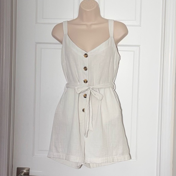 Primark White Linen Button Front Tie Waist Romper Size 6 Summer - Picture 2 of 7